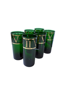 Mid-Century Emerald Green and Gold Highball Glasses (Set of 6)