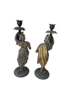 Antique Pair of Cold Painted Regal Indian Man & Woman Bronze Figural Candle Holders