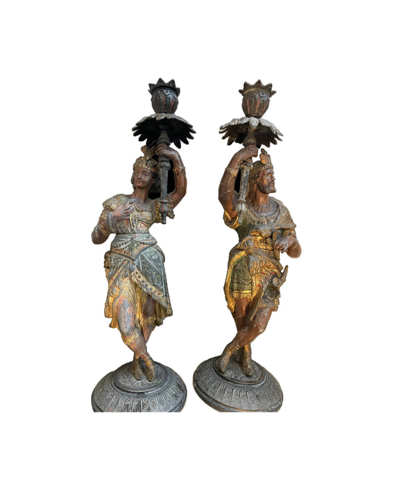 Antique Pair of Cold Painted Regal Indian Man & Woman Bronze Figural Candle Holders