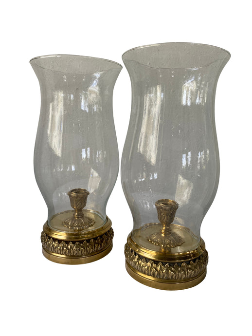 Vintage Brass and Seeded Glass Hurricane Candle Holders (Pair)