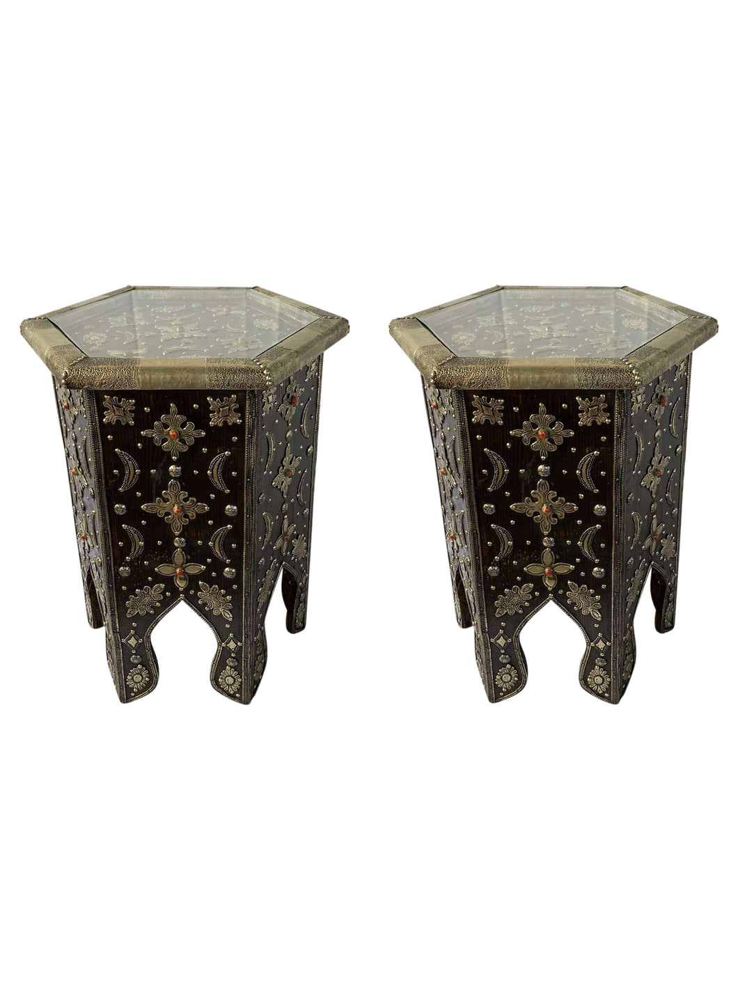 Moroccan Wood Embellished Side Tables (Pair)