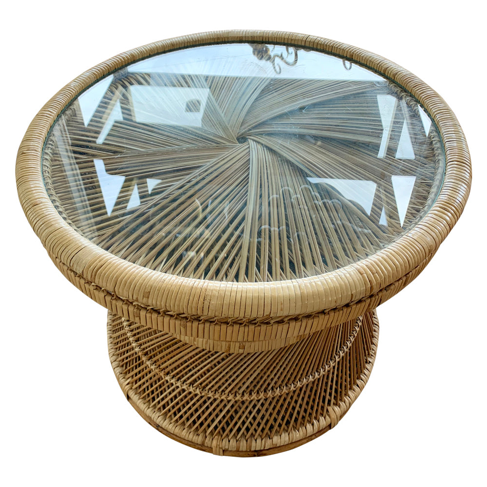 Mid-Century Rattan & Glass Top Side Table