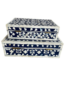 Set of Two Blue and White Bone and Resin Decorative Boxes