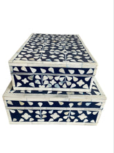 Load image into Gallery viewer, Set of Two Blue and White Bone and Resin Decorative Boxes