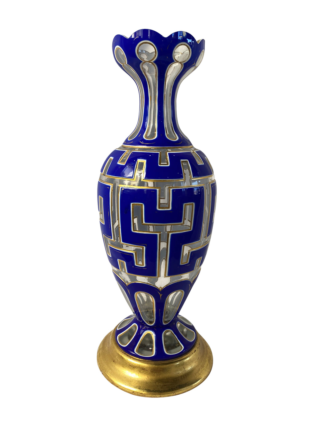 Antique English 19th Century Overlay Glass Vase on Gold Leaf Base